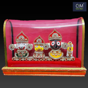 Luxury Glass Frame King Besha of Lord Jagannath Metal Murti with Full Clothes and Turban – Elegant Religious Idol for Home Temple