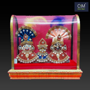 Stoned Luxury Glass Frame Lord Jagannath Metal Murti with Full Clothes and Turban – Elegant Religious Idol for Home Temple