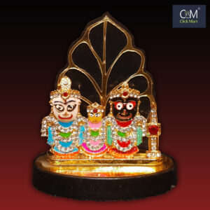 Handcrafted Metal Jagannatha, Balabhadra, and Subhadra Idol Set with Leaf-Background Sighasana – Premium Pooja Decor for Home Temple