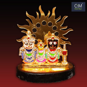 Metal Jagannatha, Balabhadra, Subhadra Idol Set with Sun-Background Sighasan Design – Handcrafted Decorative Pooja Mandir Statue