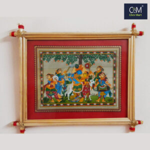 Lord Krishna Raas Leela with Gopis in Forest while Cow Grazing : Authentic Handmade Pattachitra Art – Traditional Indian Wall Hanging