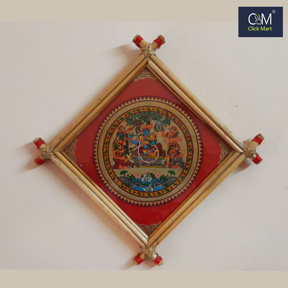 Krishna Raas Leela with Gopis Playing Flute Near Lotus Pond Garden : Exquisite Handmade Pattachitra Art – Traditional Indian Wall Decor