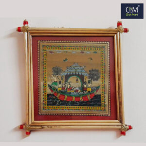 Tribals on River Sailing Housing Boat Scene Art – Handcrafted Pattachitra Painting in talapatra Bamboo Frame